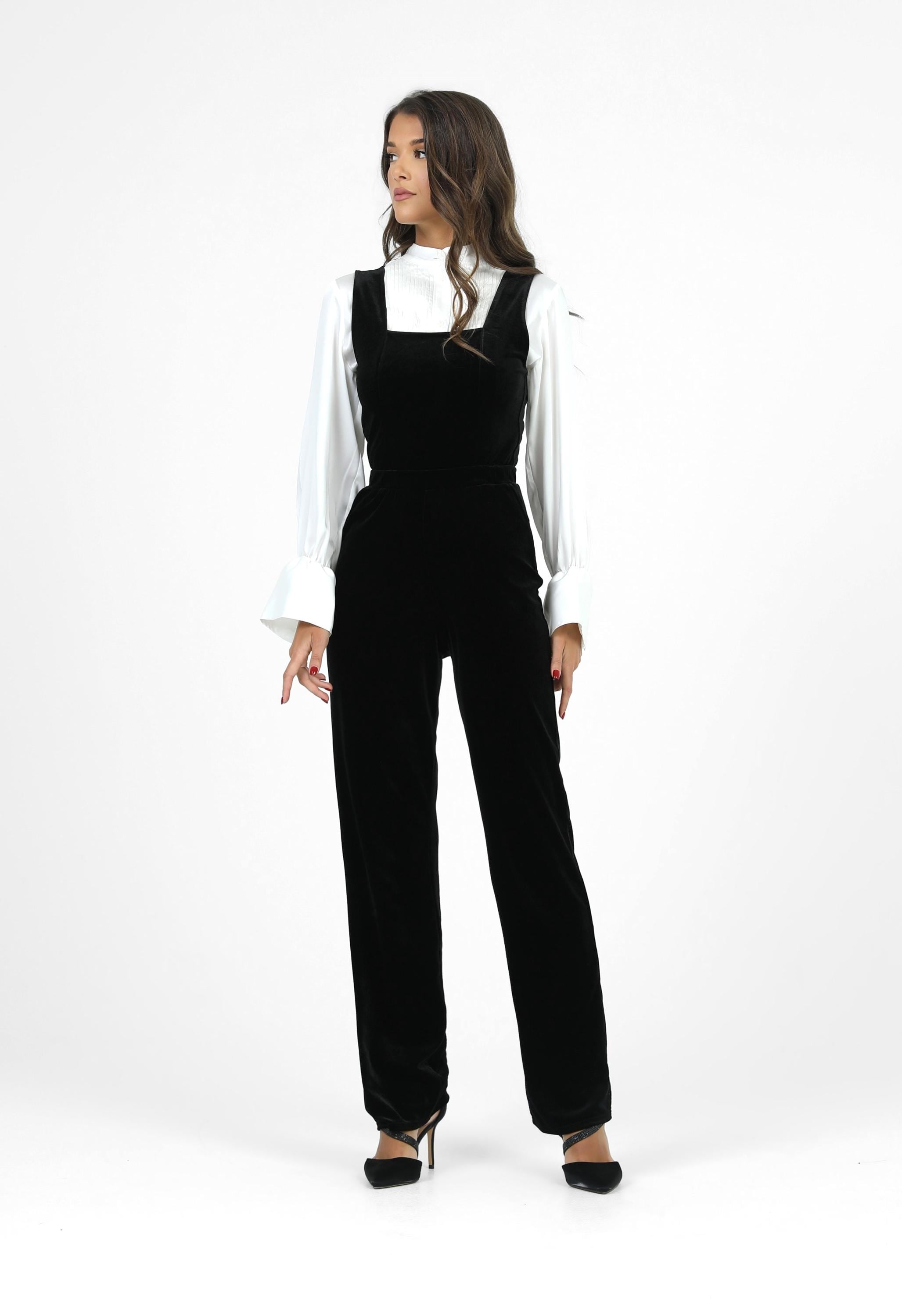 Velvet Jumpsuit Straight Leg, Office Style Black Pantsuit, Square Neck Elegant Overalls