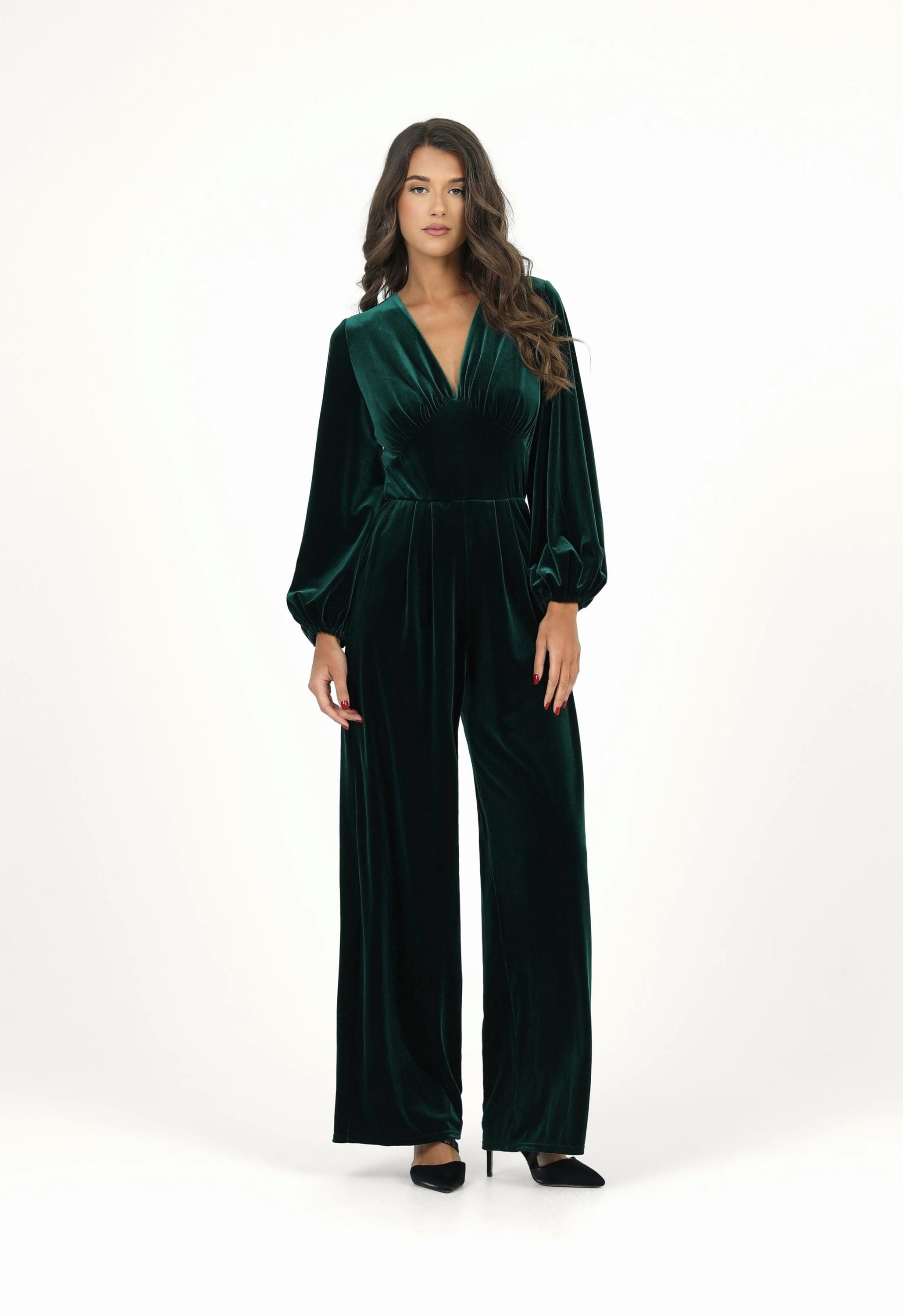 Mono de terciopelo verde esmeralda, pantalón ancho con mangas