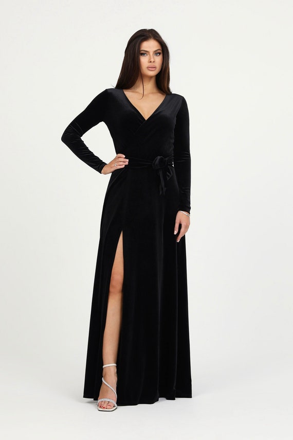 Black Velvet Formal Dress, Long Sleeve Wrap Evening Gown, Bridesmaid Maxi Dress