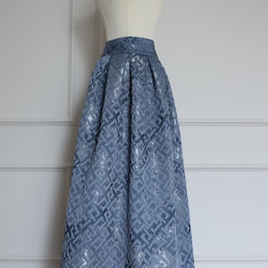 Blue Maxi Jacquard Skirt, Women Skirt for Evening, High Waist Ball Skirt, Jacquard Formal Skirt