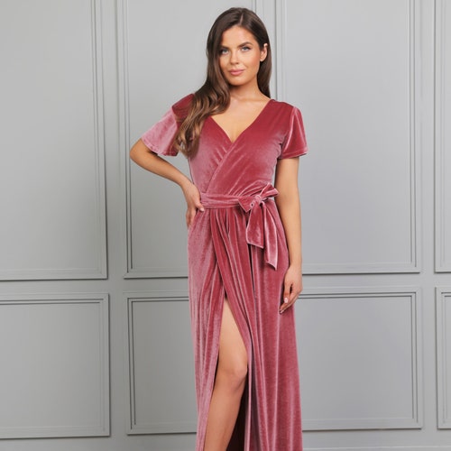 DesirVale Chianti Bridesmaid Velvet Maxi Dress Wrap V- Neck Deep V- Back Short Flutter Sleeve High Wrap Leg Slit Women Dress