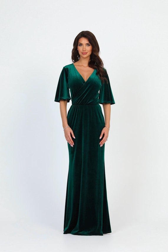 green velvet flare dress Emerald Green Velvet Dress/ Velvet Bridesmaid Dress/ Velvet Long Dress/ Velvet Long Sleeve Dress/ Winter Dress/ GIft For Her LAA158