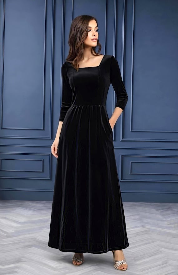 velvet a-line dress Dark Green Dress, Square Neck Dress, Bridesmaid With Pockets, Elegant Wedding Guest Dress, Formal Evening Dress Are your clothes as gs c Usable Pockets Cicinia Little Black Dresses Size:22 AUS