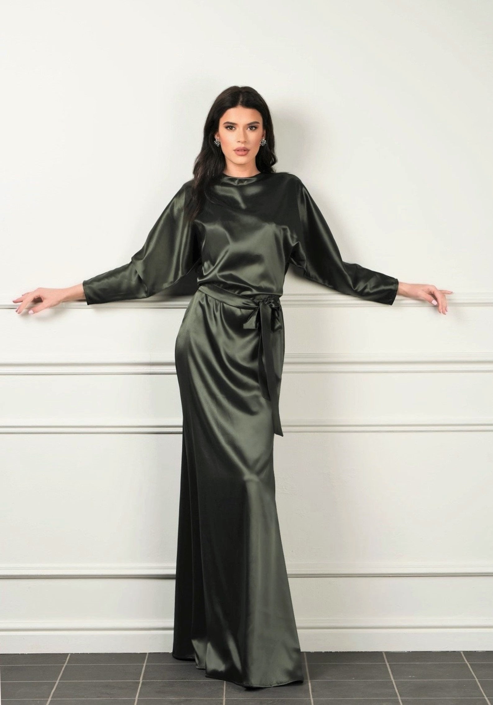 Olive Green Satin Dress Boat Neck 