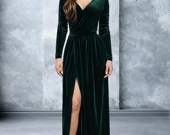 Vestido de dama de honra em veludo esmeralda, vestido longo de manga comprida com decote nas costas e fenda, elegante vestido para festa de casamento.