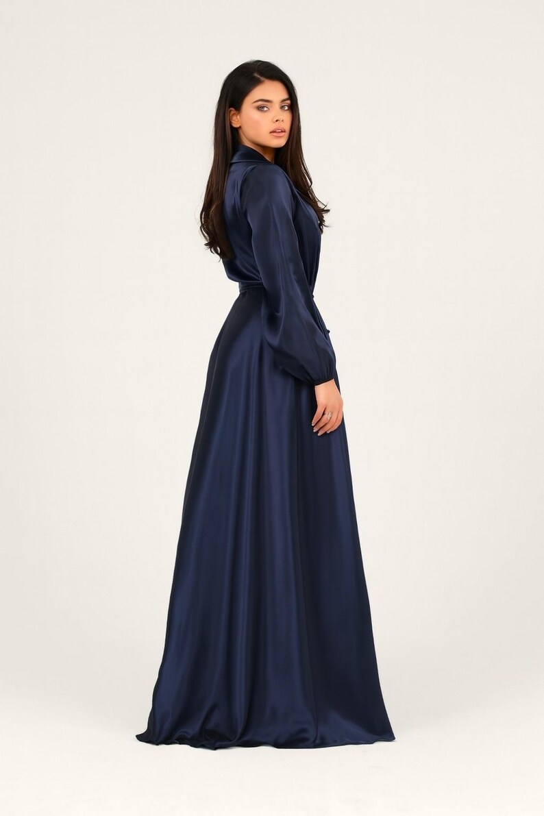 Pleated V-neck Cap Sleeve Stretch Satin Long Dress Royal Blue