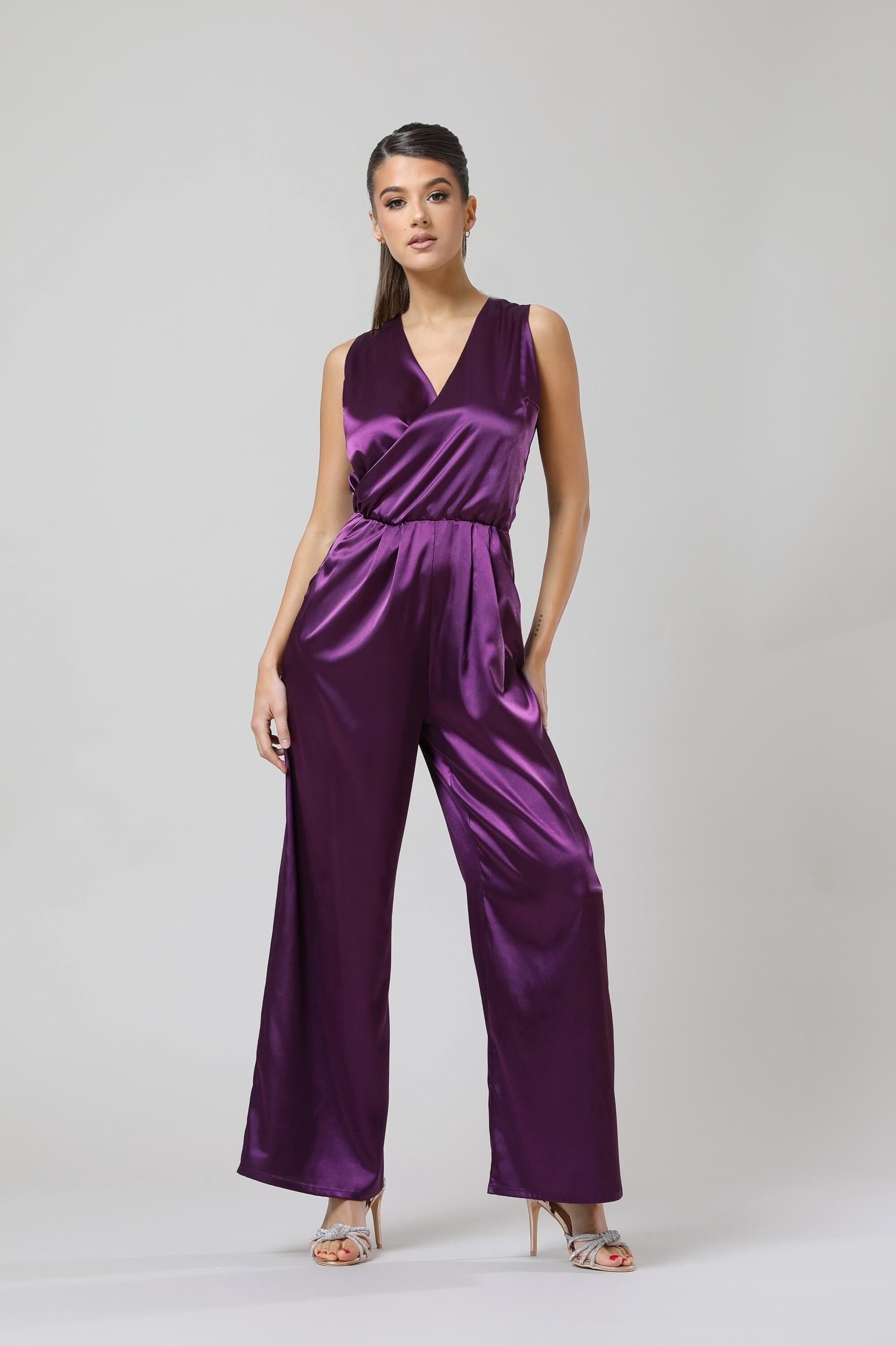 Black Satin Sleeveless Jumpsuit, Wide Leg Open Back Overalls, Deep
