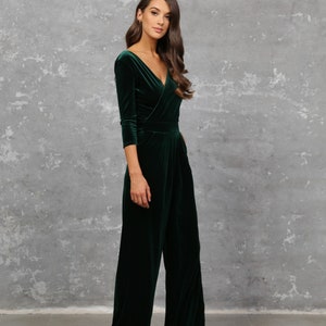 Dark green jumpsuit, jumpsuit for women, bridesmaid velvet jumpsuit, wedding guest jumpsuit, wide leg jumpsuit party jumpsuit, green velvet jumpsuit, with pockets, neck wrap, cocktail jumpsuit, evening jumpsuit, party wear, formal jumpsuit women