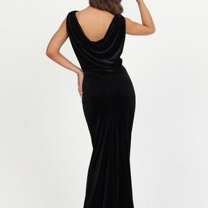 Black Bridesmaid Velvet Dress, Wedding Guest Dress, Sleeveless Cowl Back Elegant Dress, Maid Of Honor maxi dress, women long dress.