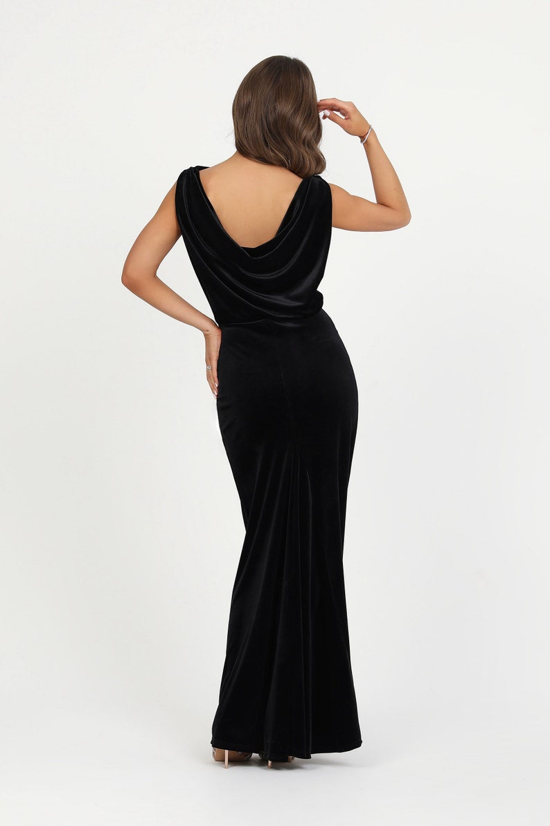 Black Bridesmaid Velvet Dress, Wedding Guest Dress, Sleeveless Cowl Back Elegant Dress, Maid Of Honor maxi dress, women long dress.