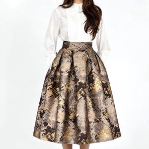 Bronze Jacquard Midi Skirt, Elegant Tea Length Skirt, tapestry brown skirt with pockets, high waisted skirt, women midi modest skirt, brown skirt with pleats
