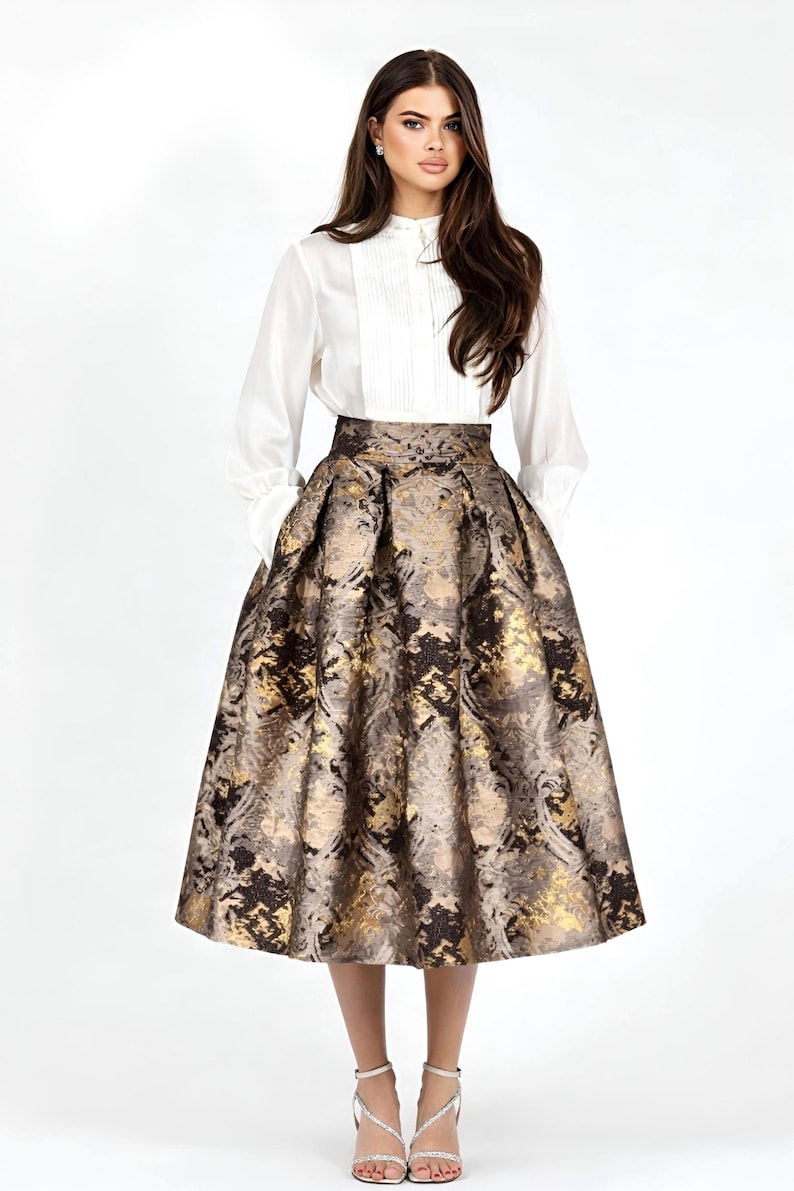 Bronze Jacquard Midi Skirt, Elegant Tea Length Skirt, tapestry brown skirt with pockets, high waisted skirt, women midi modest skirt, brown skirt with pleats