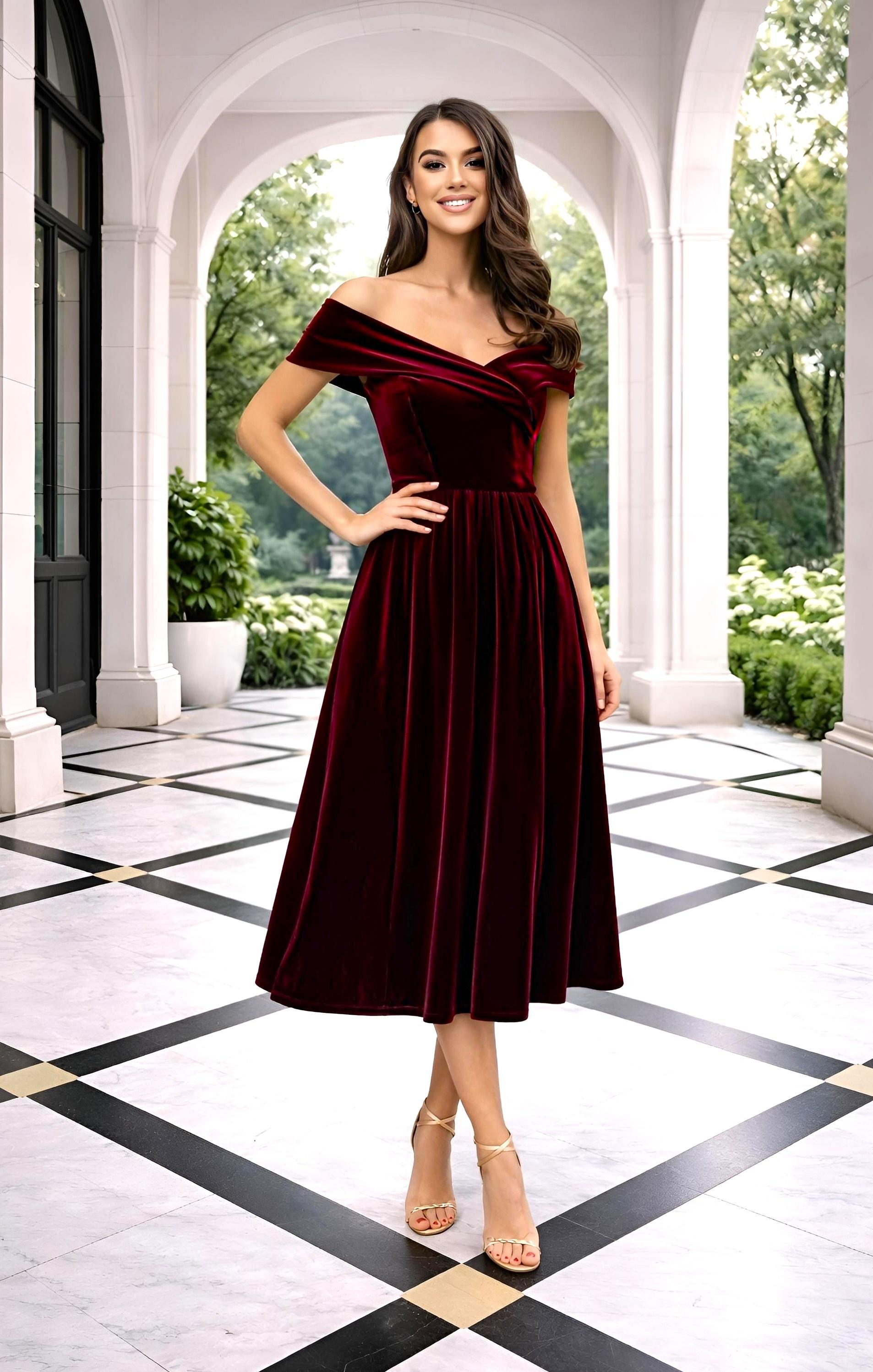 burgundy velvet cocktail dress off Shoulder Midi Dress, Emerald Green Elegant Party Dress, A-line Formal Buy Accessorize Cream Floral long lace dress 120cm This style falls Color:Merlot short burgundy cocktail dress