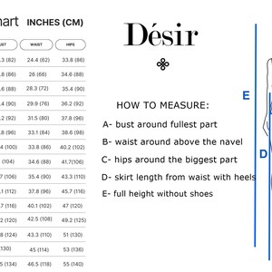 Size chart for clothing in inches. The chart shows bust, waist, and hip measurements for sizes XXS to 7XL. A diagram shows how to measure bust, waist, hips, skirt length, and full height.