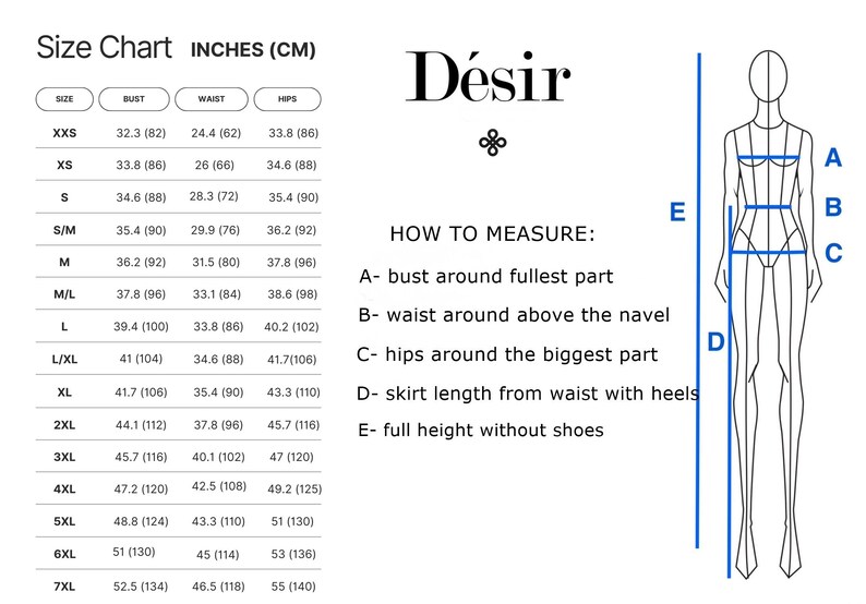 Size chart for clothing in inches. The chart shows bust, waist, and hip measurements for sizes XXS to 7XL. A diagram shows how to measure bust, waist, hips, skirt length, and full height.