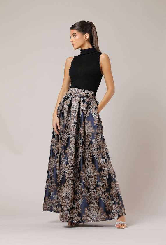 Jacquard Blue Skirt Women, High Waist Elegant Long Skirt Jacquard Blue Skirt Women, High Waist Elegant Long Skirt