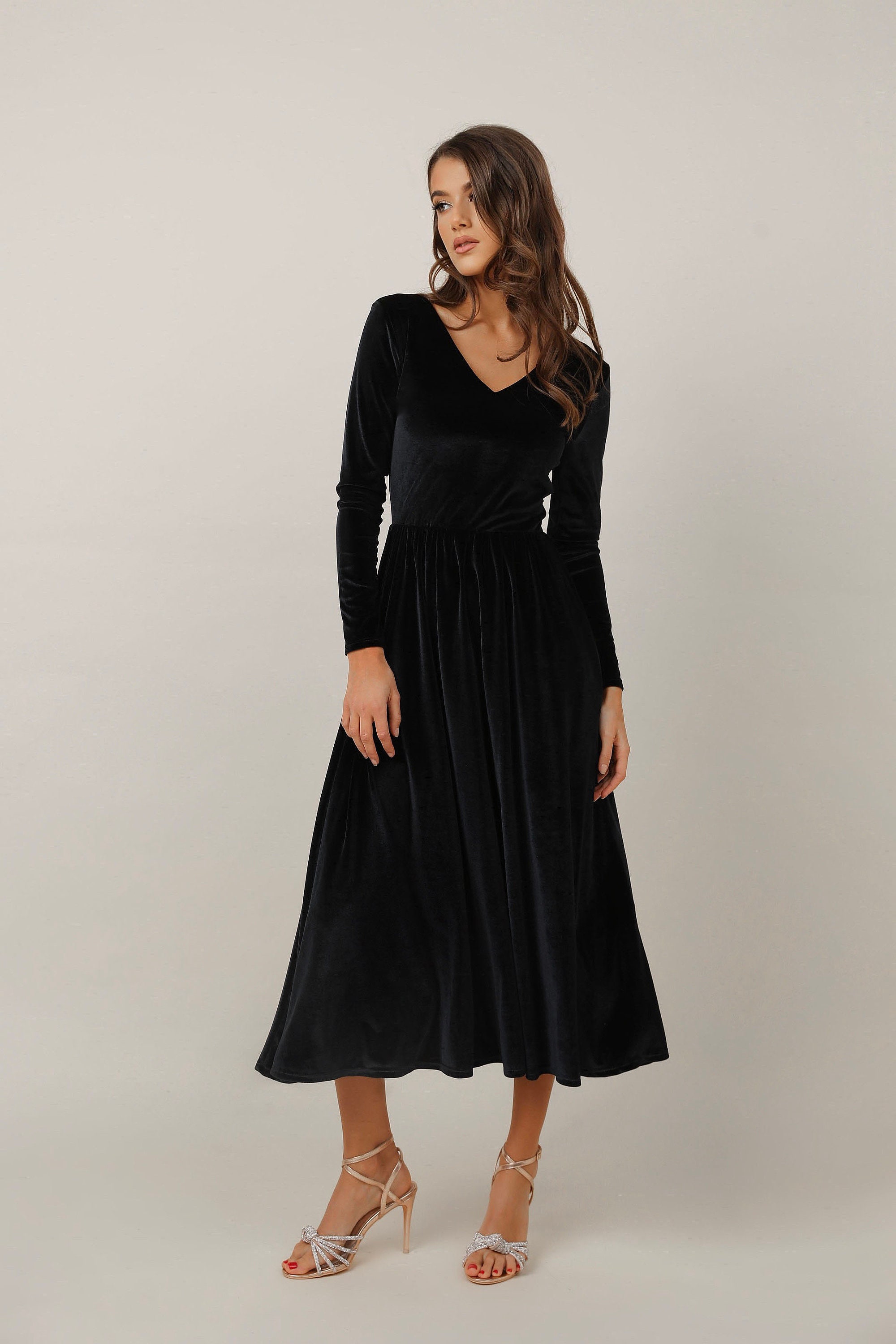 Black Velvet Midi Dress Long Sleeve, V Neck A Line Dress, Elegant Evening Dress, Wedding Guest Dress, Velvet Bridesmaid Dress