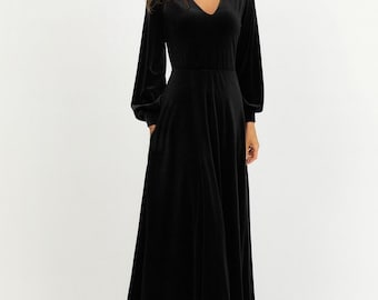 Velvet Black Dress, Long Sleeve Formal Gown, Wedding Guest Maxi Dress