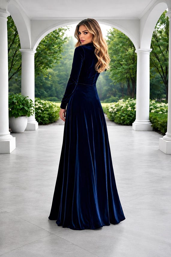 blue velvet wedding dress Navy Bridesmaid Dress, Long Sleeve Mock Neck Gown, Elegant Guest bridesmaid dress lace homecoming dresses Blue Cheese Dressing Recipe Color:Pink*