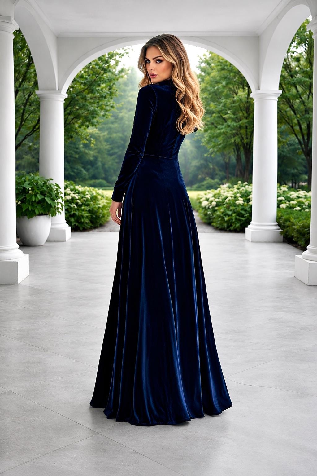 Navy Blue Velvet Bridesmaid Dress, Long Sleeve Mock Neck Gown, Elegant Wedding Guest Dress