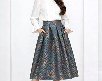 High Waist Jacquard Skirt with Pockets, Elegant Navy Cocktail Skirt, Formal Box Pleat Skirt