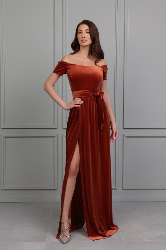 Off Shoulder Velvet Maxi Dress, Formal Bridesmaid Gown Rusty Orange