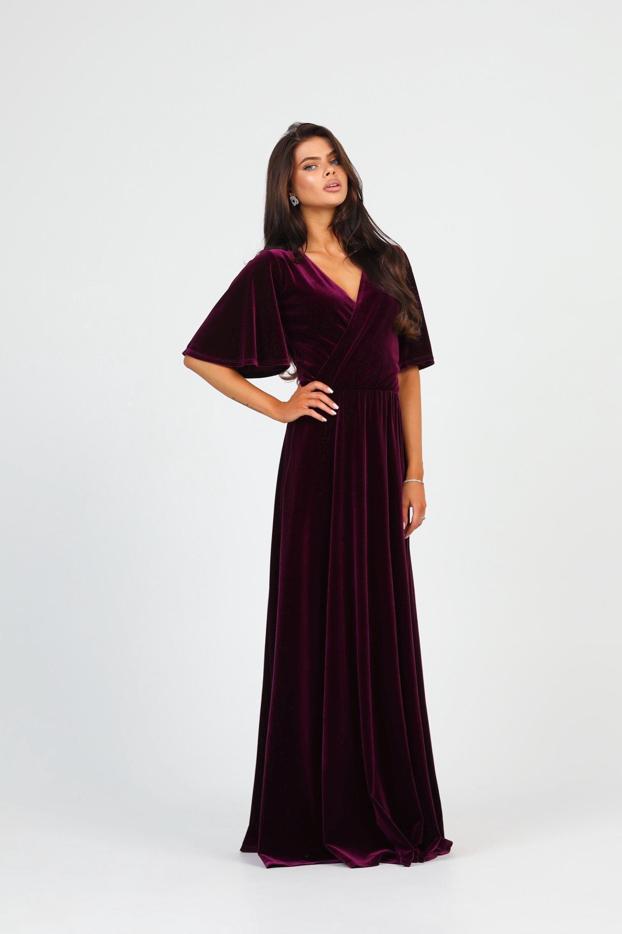 Bodycon Dress Grey Crushed Velvet Dress Velvet Wrap Neck Flare Sleeve  Elegant Dress, Long Evening Gown, A-Line Purple Dress