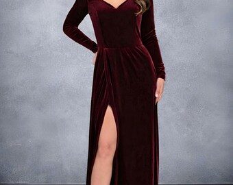 Velvet Sweetheart Wedding Guest Dress – Long Sleeve Maxi Gown | Formal Evening, Mother of Bride Dress