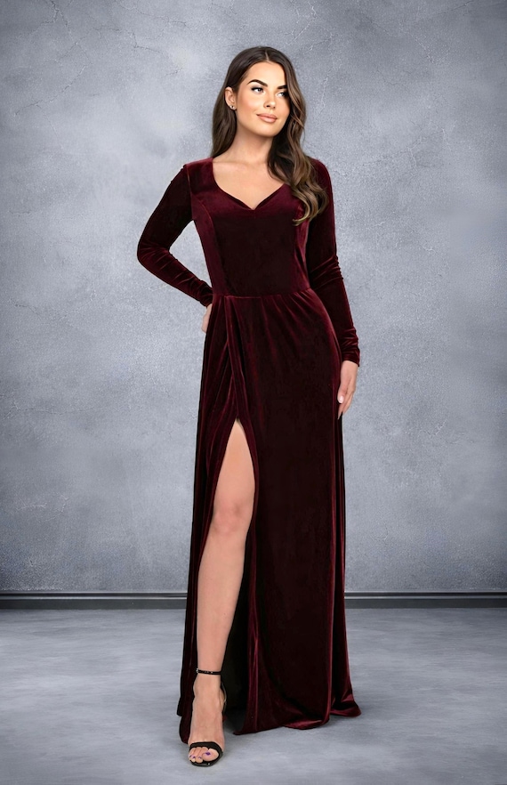 Velvet Sweetheart Wedding Guest Dress - Long Sleeve Maxi Gown | Formal Evening, Mother of Bride Dress Velvet Sweetheart Wedding Guest Dress - Long Sleeve Maxi Gown | Formal Evening, Mother of Bride Dress