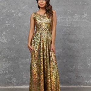 Gold Iridescent Bridesmaid Dress Holographic Metallic Performance Stage Club Dress Party Dress Date Night A Line Dress Woman Dress Disco Exclusive Festival Rave Vibe Gold Long Dress
wedding dress maid of honor maxi dress reception dress gold