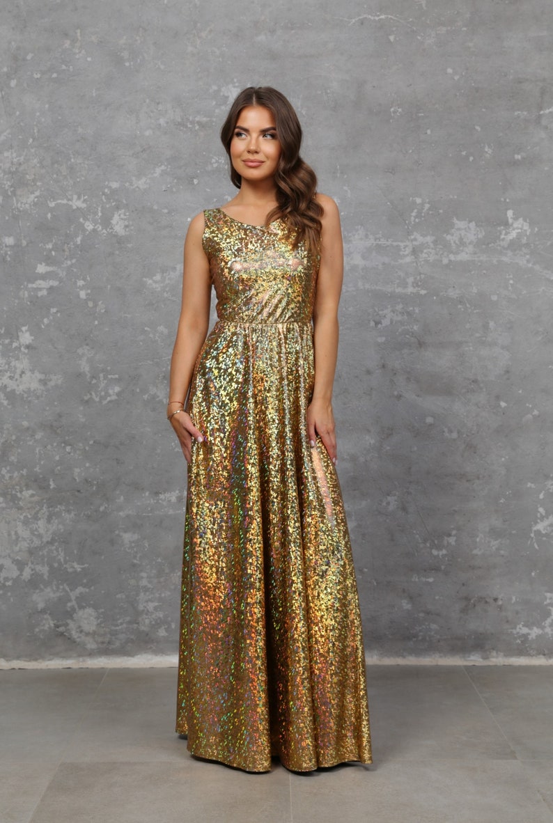 Gold Iridescent Bridesmaid Dress Holographic Metallic Performance Stage Club Dress Party Dress Date Night A Line Dress Woman Dress Disco Exclusive Festival Rave Vibe Gold Long Dress
wedding dress maid of honor maxi dress reception dress gold