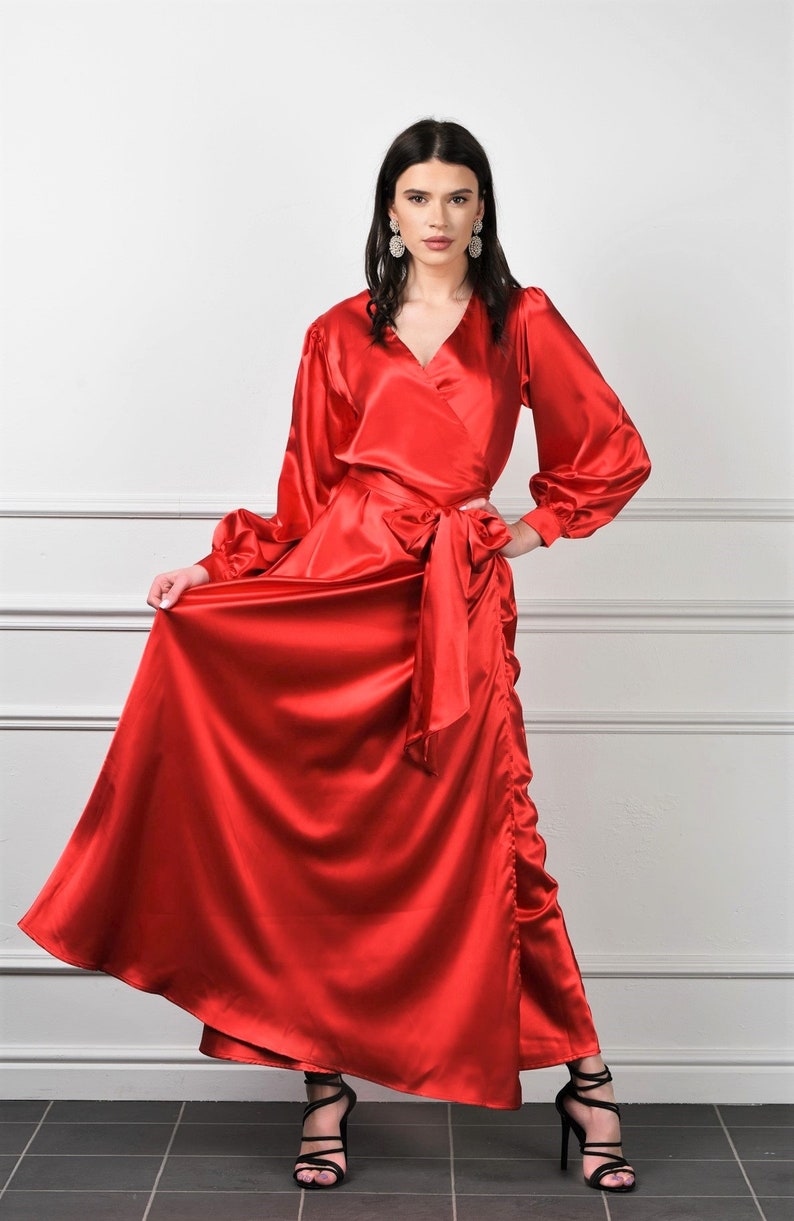 Red Satin Maxi Dress/ Wrap Robe Dress Cuff Long Sleeves Sash Etsy