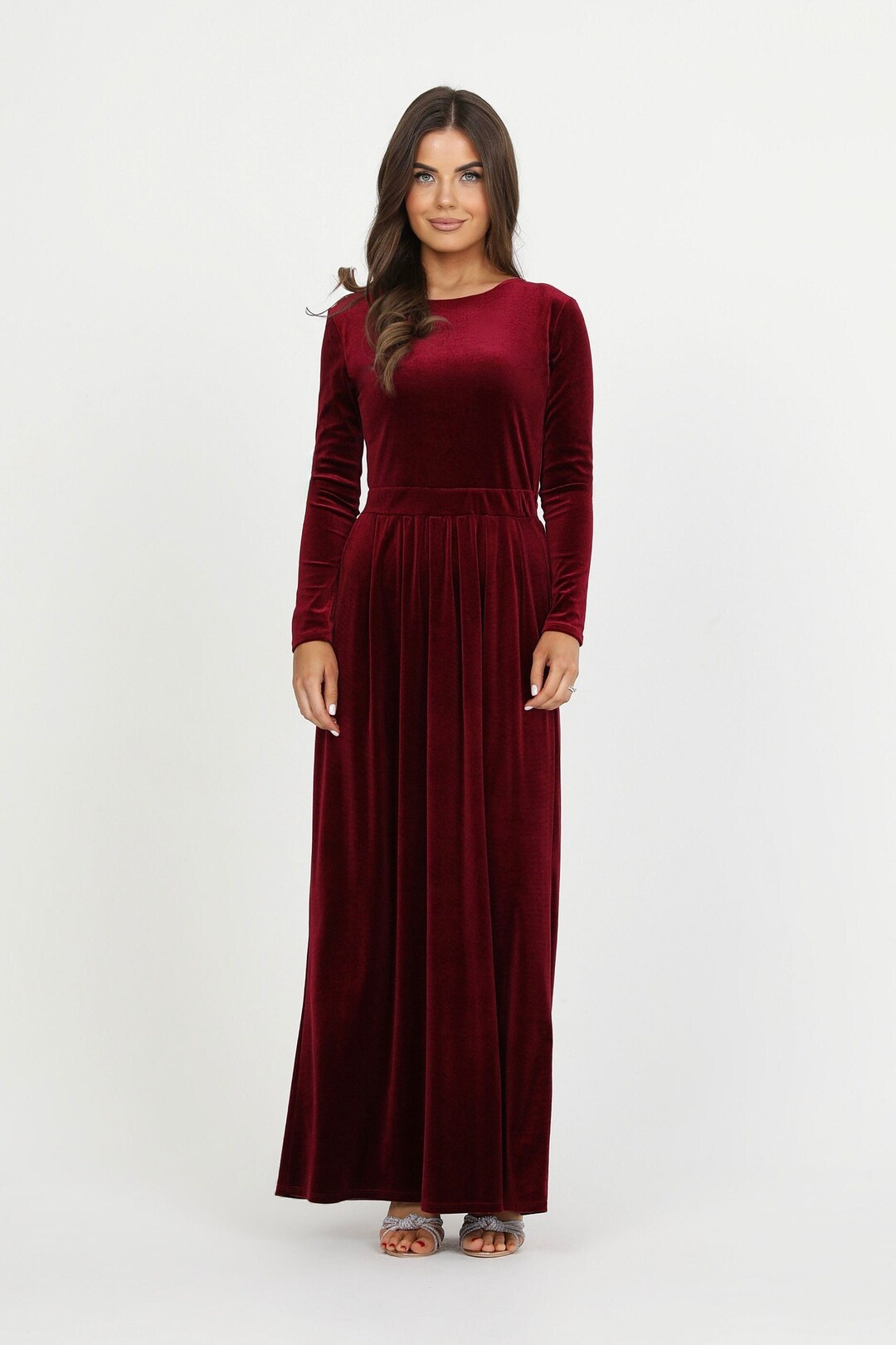Maxi Dress With Velvet Corset Bodice And Flowing Skirt - Burgundy
