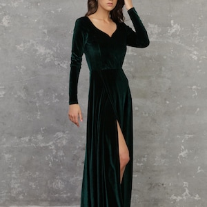 Sweetheart Elegant Velvet Dress, Maid Of Honor Long Sleeve Dress, Dark Green Bridesmaid Dress