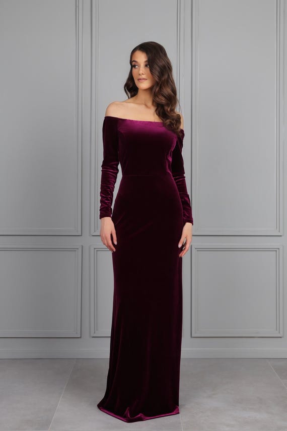 Mother of the bride velvet dress, off shoulder long sleeve dress, evening gown purple, velvet maxi dress, elegant women dress Mother of the bride velvet dress, off shoulder long sleeve dress, evening gown purple, velvet maxi dress, elegant women dress