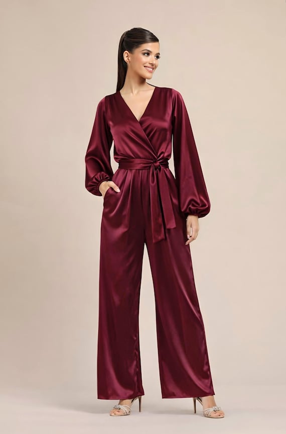 Balloon Sleeve Satin Jumpsuit, Wide Leg V-neck Overalls, Elegant