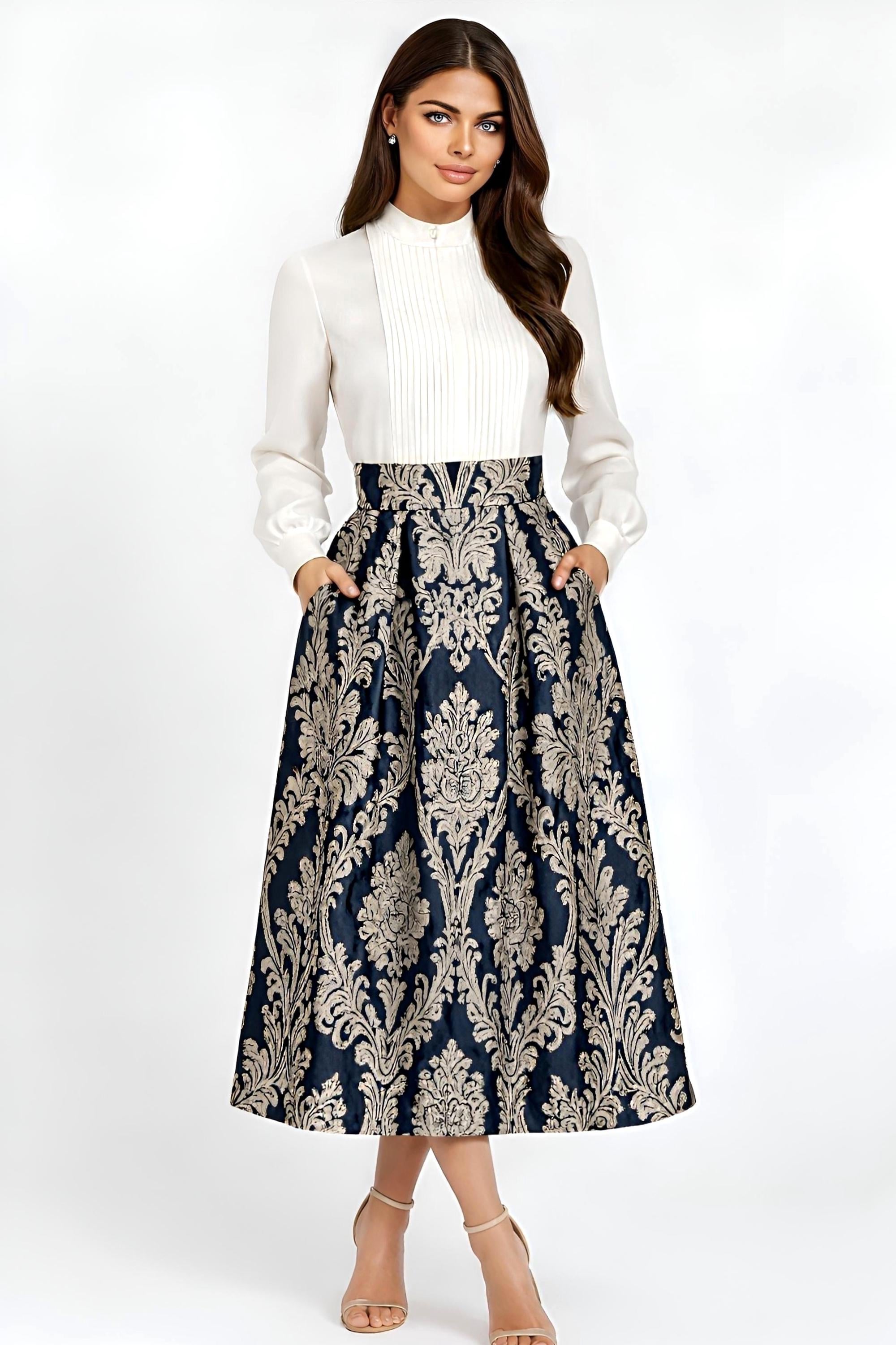 Navy Blue Jacquard Skirt, High Waisted Box Pleat Skirt With
