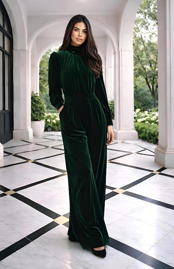 green velvet overall dress Elegant Emerald Jumpsuit - Open Back Wide Leg Formal Evening Outfit Sexy Dress