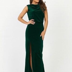 Green Velvet Maxi Dress, Sleeveless Cowl Back Gown, Elegant Formal Long Dress with Slit.
