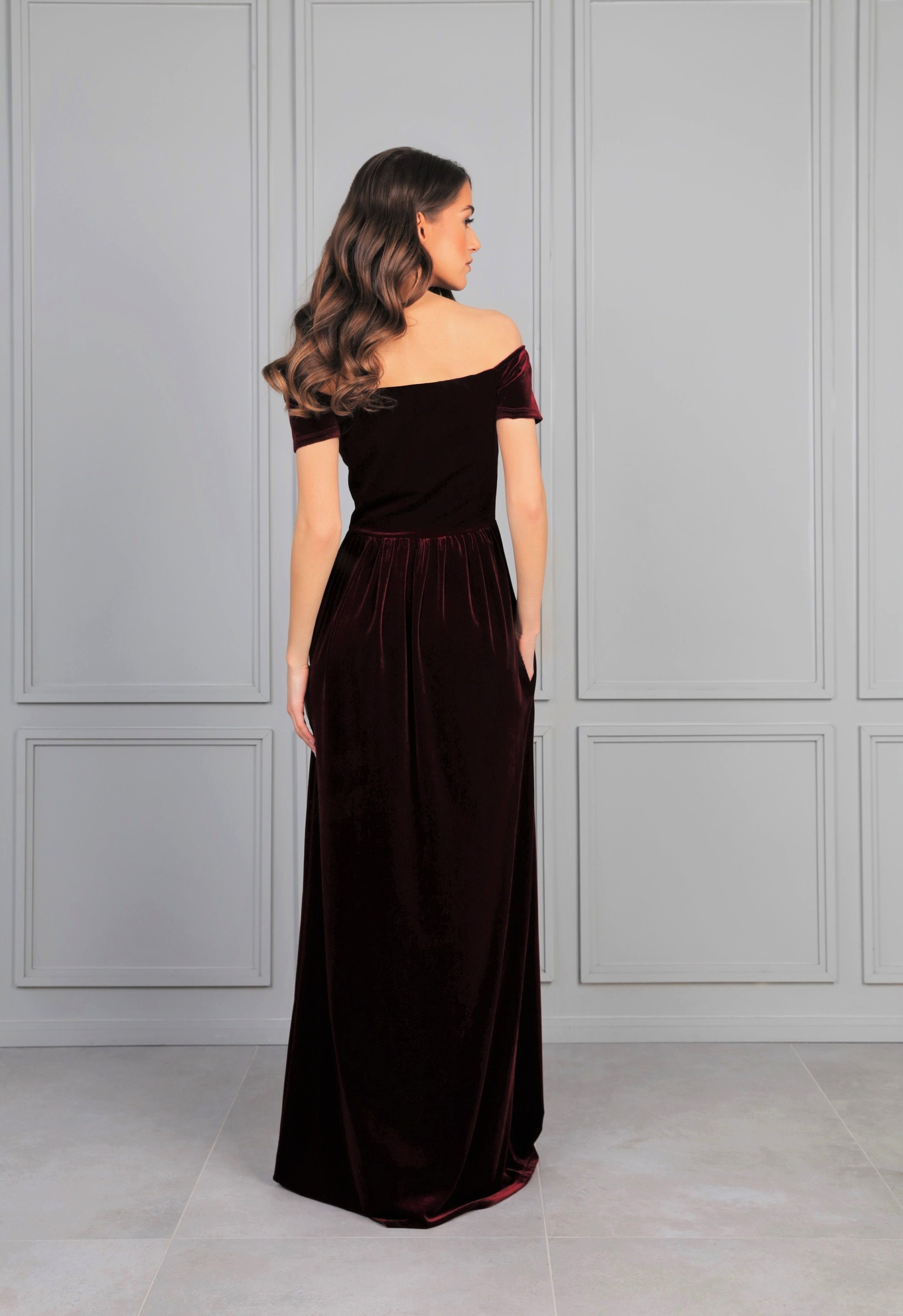 Off the Shoulder Burgundy Bridesmaid Velvet Gown High Quality | Etsy