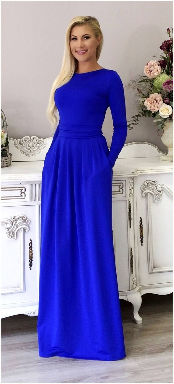 Royal Blue Maxi Dress With Long Sleeves Pockets Sash Royal Blue Maxi Dress With Long Sleeves Pockets Sash