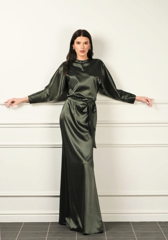 Welp Olive Green Satin Maxi Dress/ Round Neckline Dolman Sleeves | Etsy KW-07