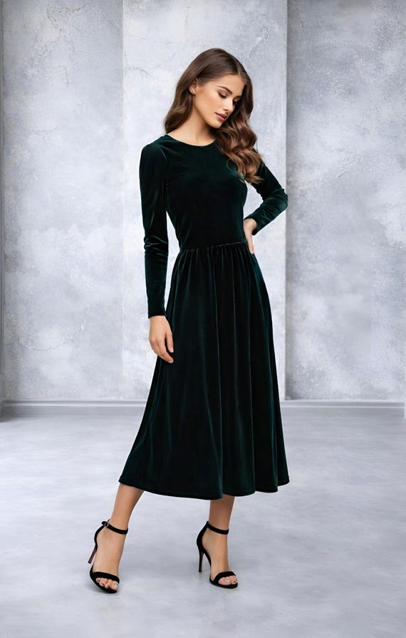 Emerald Green Velvet Midi Dress, Long Sleeve A-line Formal Dress, Elegant  Bridesmaid Velvet Dress - Etsy Canada