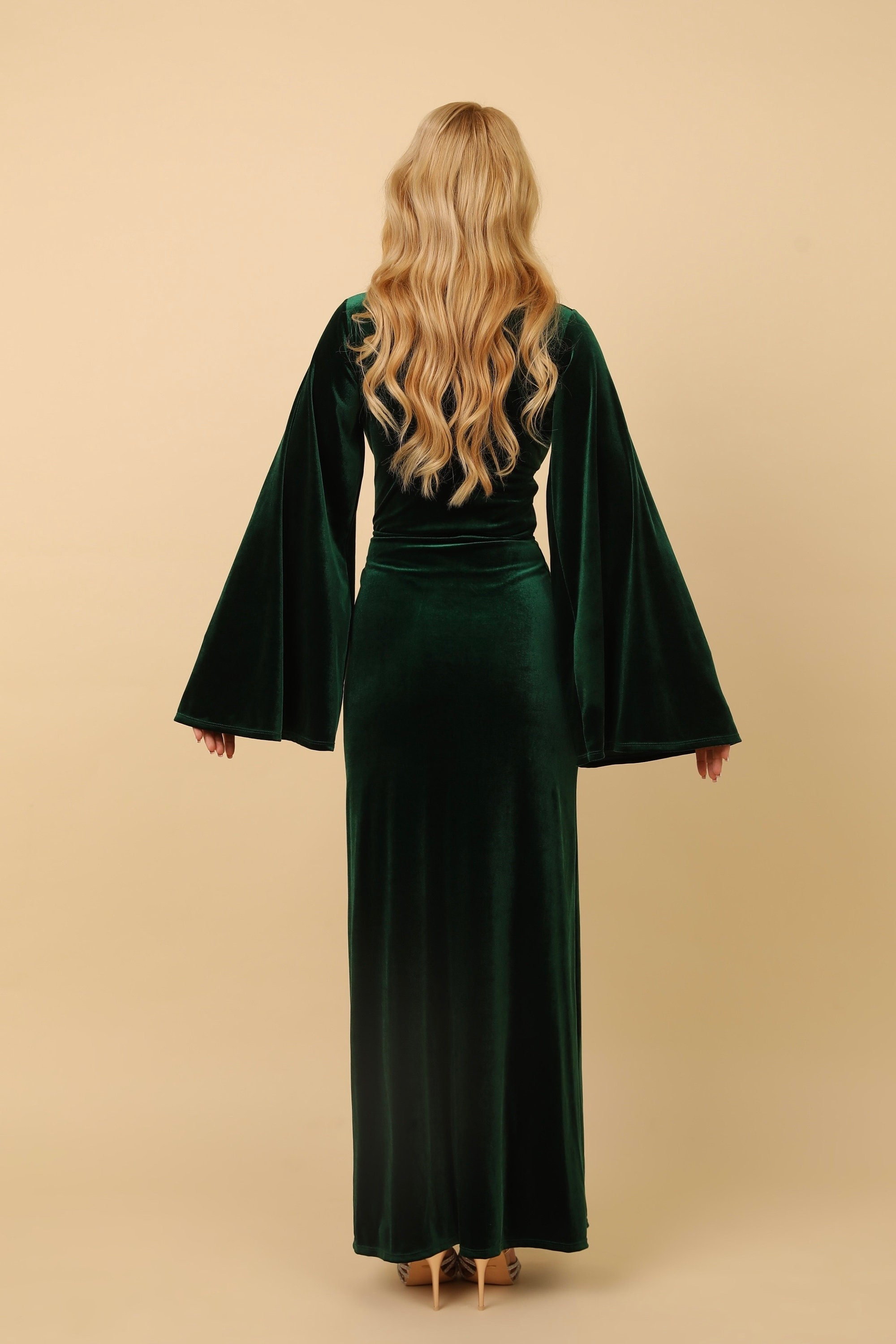 Emerald Green Velvet Gown, Formal Plunge Neck Bell Sleeve Slit