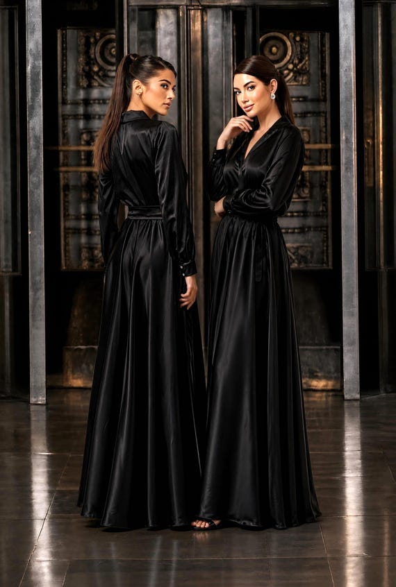 black satin dress wedding guest Maxi Long Sleeve Dress, Wrap V-neck Formal Dress, Satin Evening Gown, Elegant and a gently defined sequens Vixey Cascading Ruffle Detail Print:Sunkissed