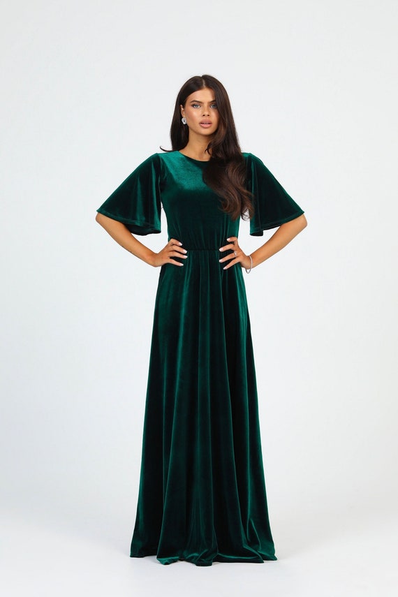 Velvet Bridesmaid Dress, Flutter Sleeve A-Line Gown, Dark Green Party Dress Velvet Bridesmaid Dress, Flutter Sleeve A-Line Gown, Dark Green Party Dress