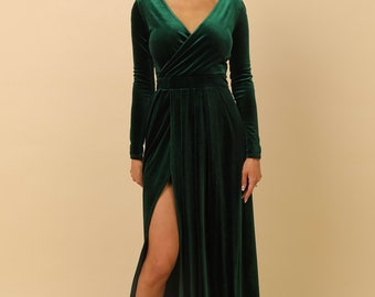 Vestido longo de veludo verde escuro, com costas abertas, mangas compridas e fenda, elegante vestido maxi para dama de honra.