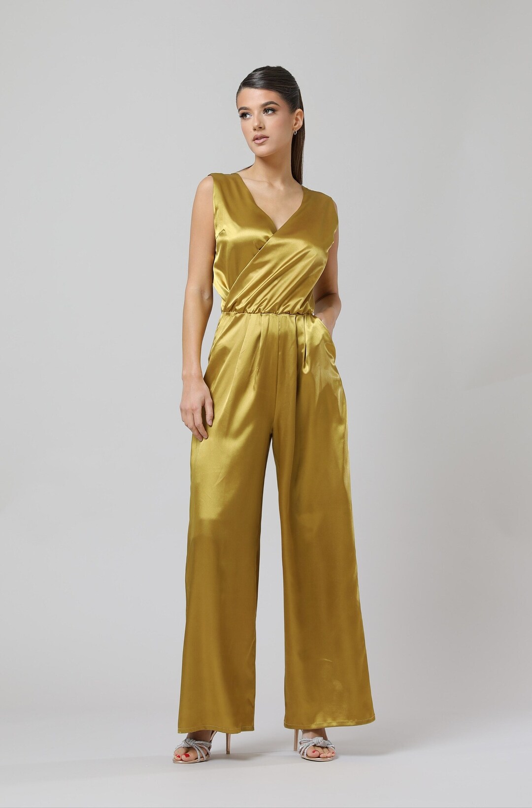 Solid Color Sexy Deep V Wrap Slit Wide Sleeve Jumpsuit Women One Piece  Trousers - The Little Connection