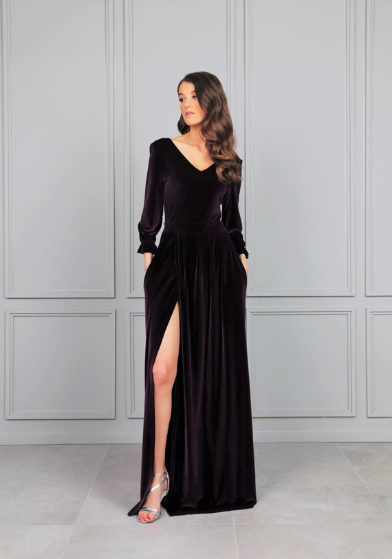 Pflaume Samt Kleid V Ausschnitt V Rücken Lang BallonÄrmel Hoch - Etsy  Schweiz