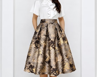 Bronze Jacquard Midi Skirt, Box Pleated Skirt with Pockets, High Waist A Line Skirt, Wedding Guest Skirt, Brown Gold Skirt, Custom Size